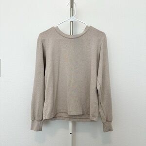Soft Knitted Crew Neck Long Puff-Sleeve T-Shirt in Beige